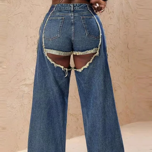 Sexy Hole Fringe Patchwork Jeans Casual Hollow OutLoose Empire Waist Wide Leg D